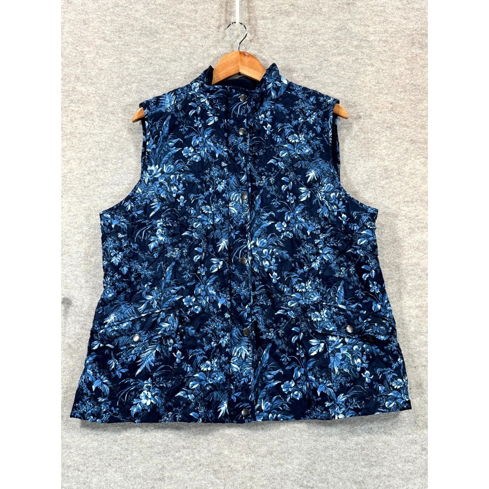 Talbots Diamond Quilted Vest Womens XL Blue Fleece Lined Floral Snap Front